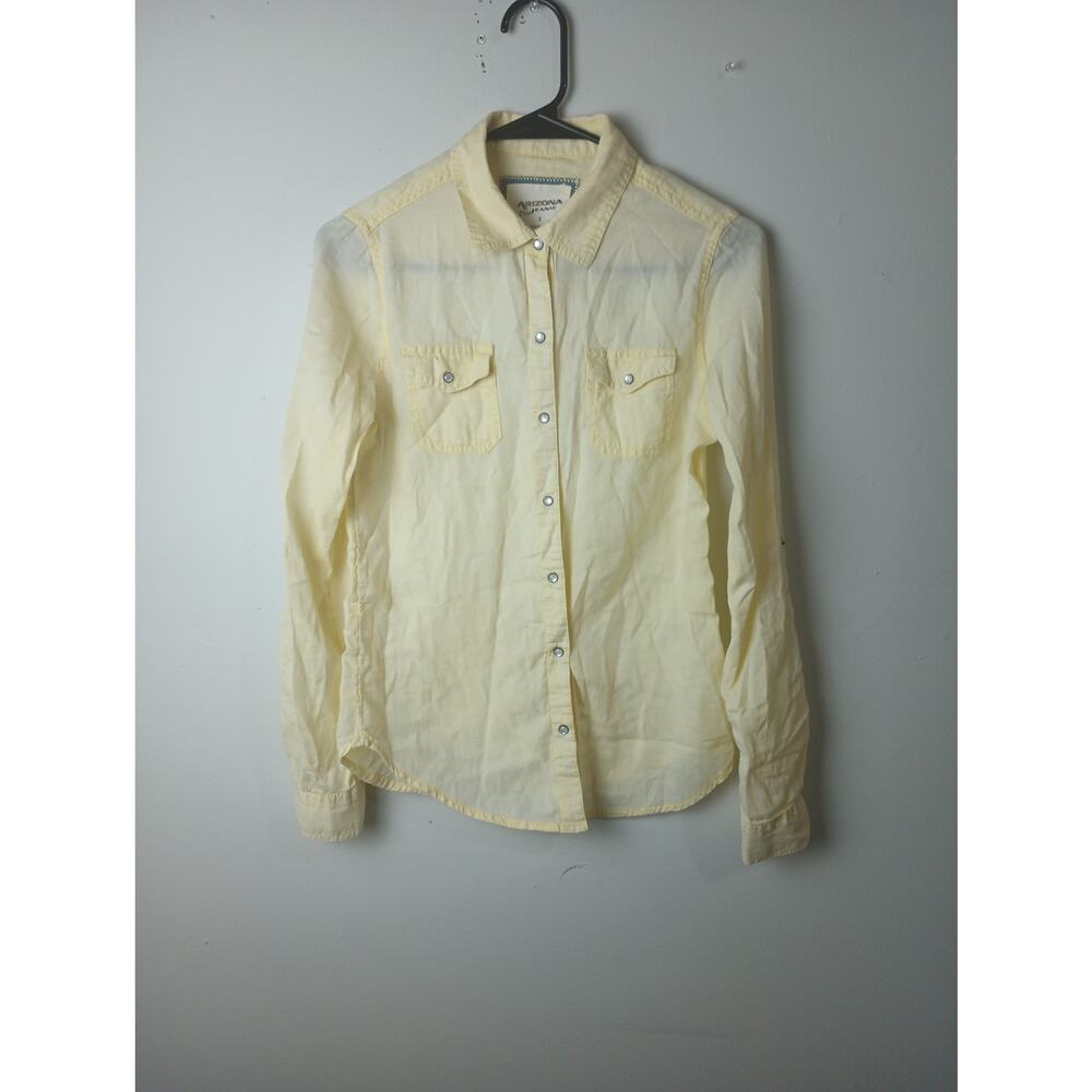 Vtg Y2K Arizona Jeans 100% Cotton Light Yellow Button up Shirt Pearl Snap Small